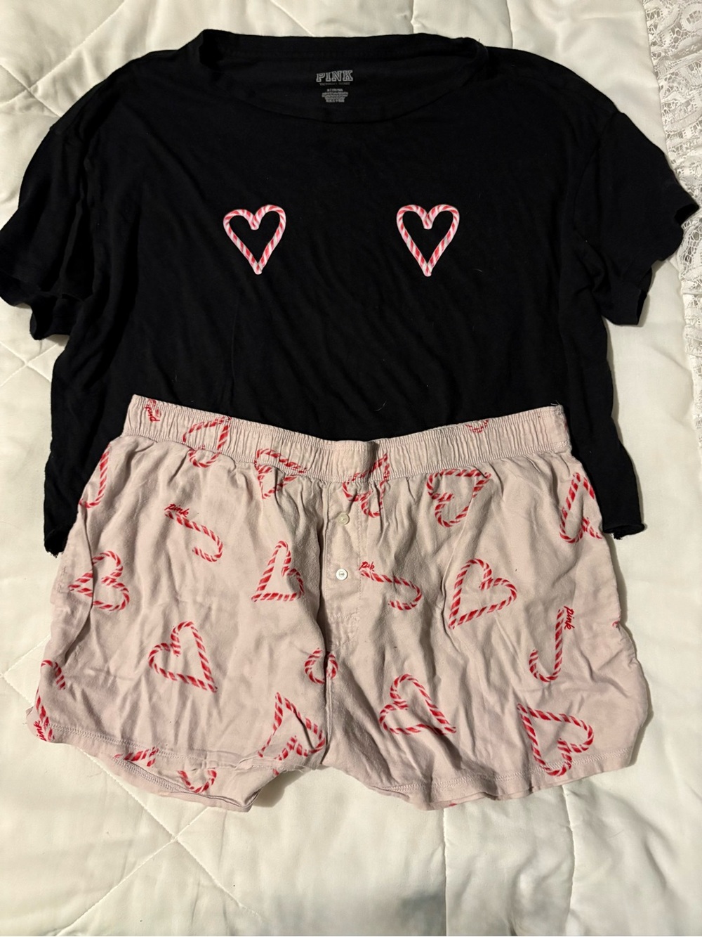 PINK Victoria's Secret Black Tee & Light Pink Heart Candy-Print Shorts Sleep Set